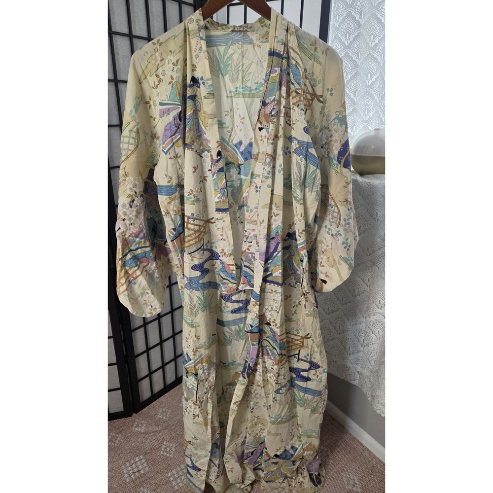 Vintage Japanese Cotton Landscape Figure Print Kimono Robe One Size